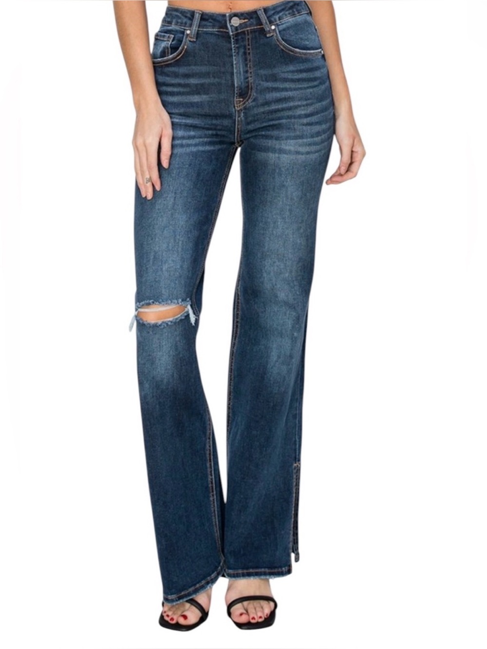 K56 Risen Dark Wash High-Rise Wide Leg Jeans Intentional Distressing